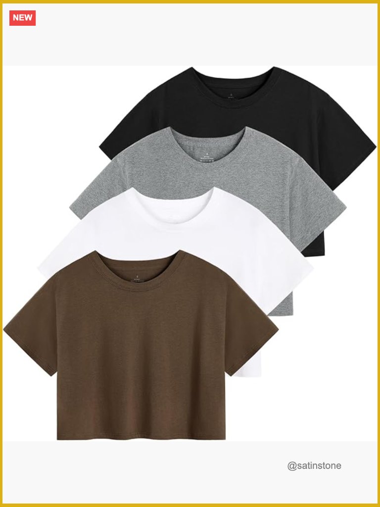 Cotton Blend Crop Top Short Sleeve Crew Neck T-Shirt 4-Pack Workout Yoga Tee